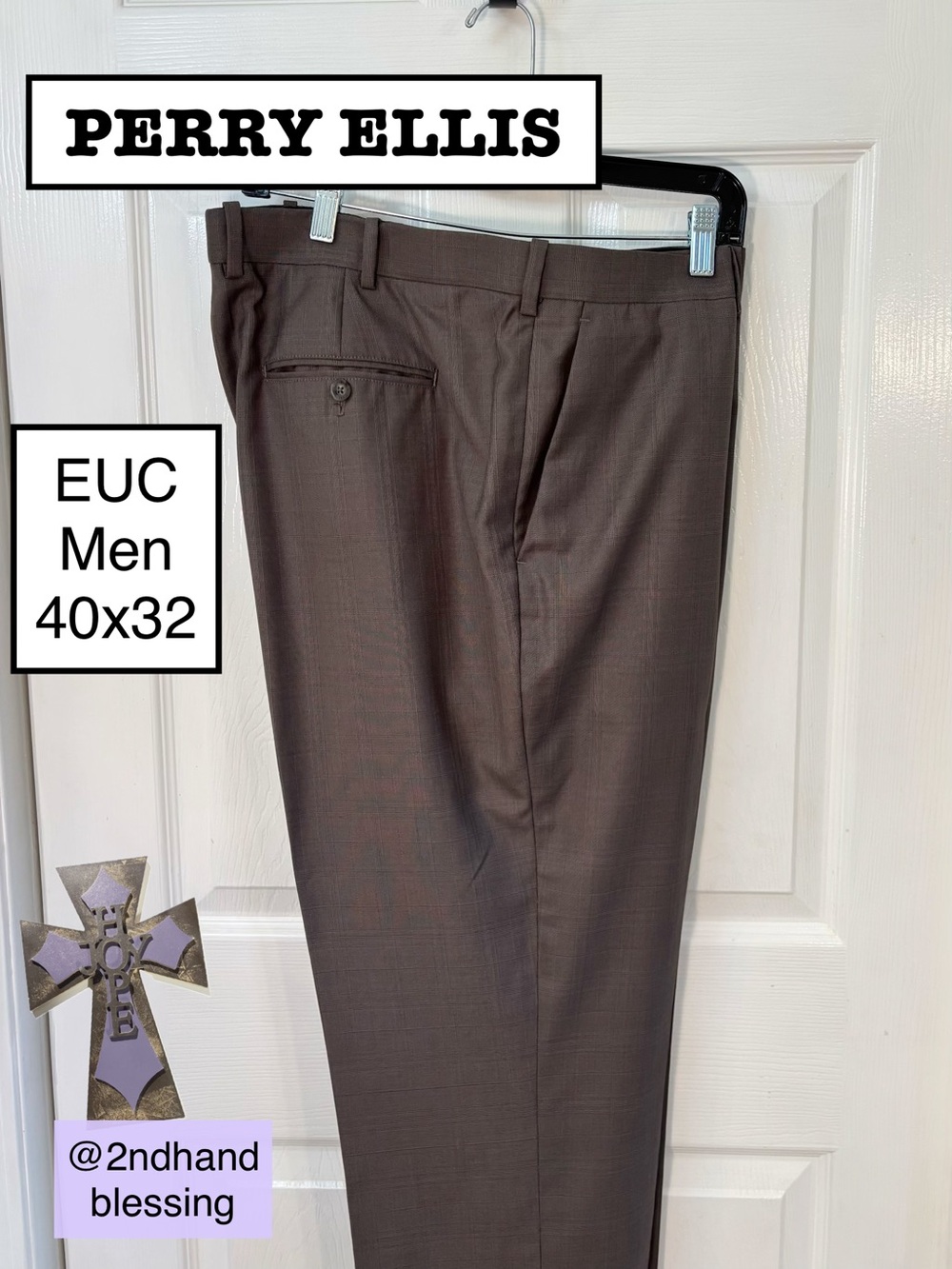 EUC Perry Ellis Portfolio Men's Dark Gray Dress Slacks Sz 40x32 Flat Front Plaid